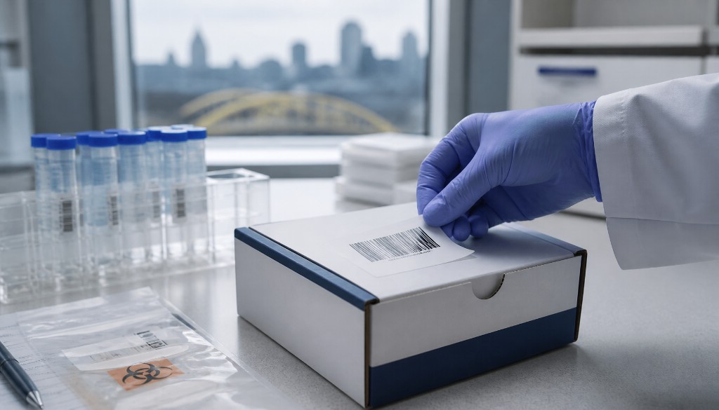 Lab kit labeled at a Pittsburgh partner lab